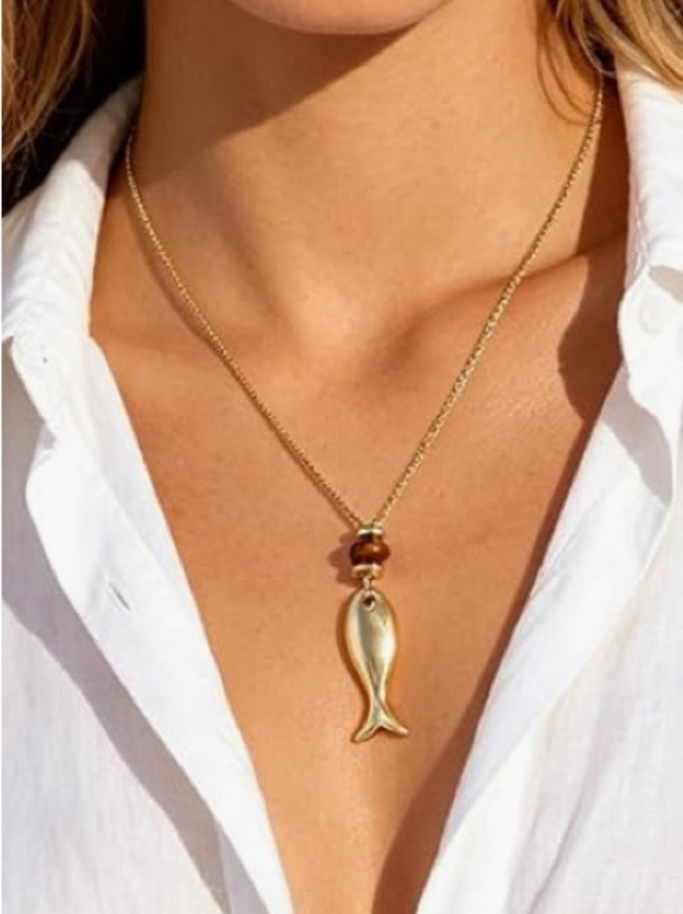 Gold plated fish Pendant Necklace - Gold Tone